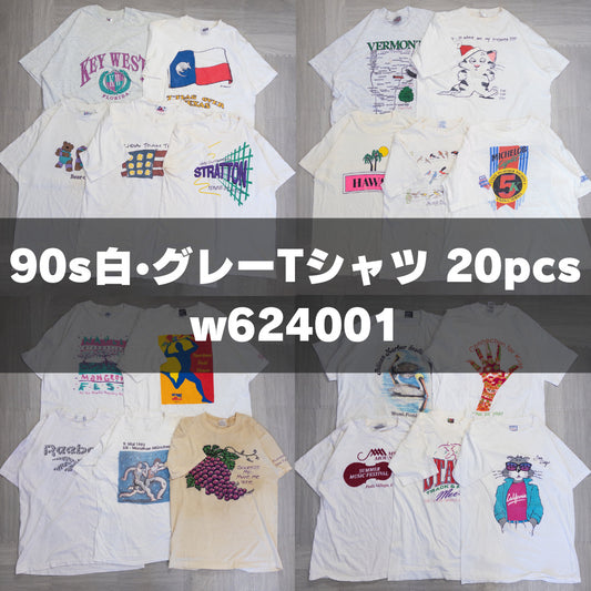 古着卸 現物まとめ売り 洗濯済み 90s 白、グレー半袖Tシャツ 20枚セット(S-XXL) w624001