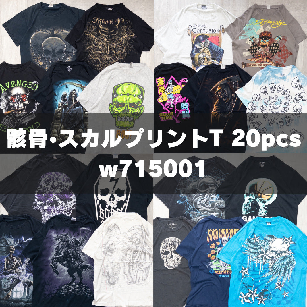 古着卸 現物まとめ売り 洗濯済み 骸骨・スカルプリント半袖Tシャツ 20枚セット(S-XXXL) w715001