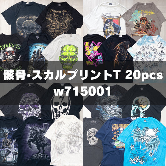 古着卸 現物まとめ売り 洗濯済み 骸骨・スカルプリント半袖Tシャツ 20枚セット(S-XXXL) w715001