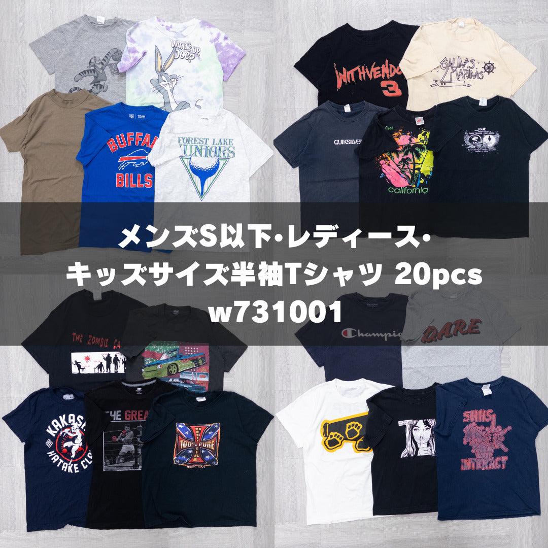 古着卸 現物まとめ売り 洗濯済み メンズS以下・  レディースサイズ・キッズサイズ半袖Tシャツ 20枚セット(XS-M) w731001